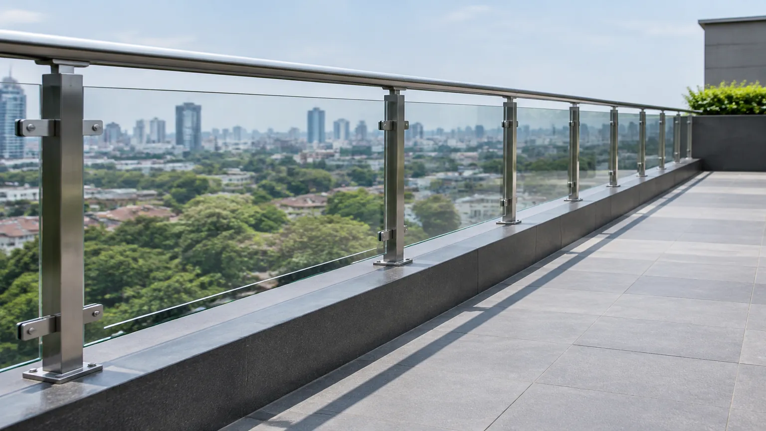 Railing kaca pada tepi teras tinggi