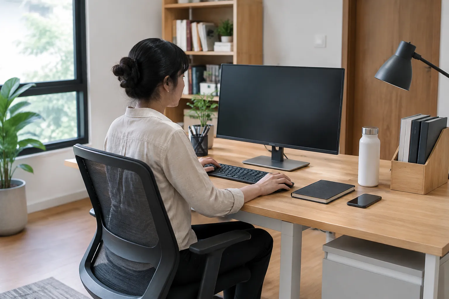 Seseorang bekerja dengan monitor pada meja dekat jendela