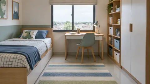 Kamar anak dengan tempat tidur, meja belajar, dan lemari