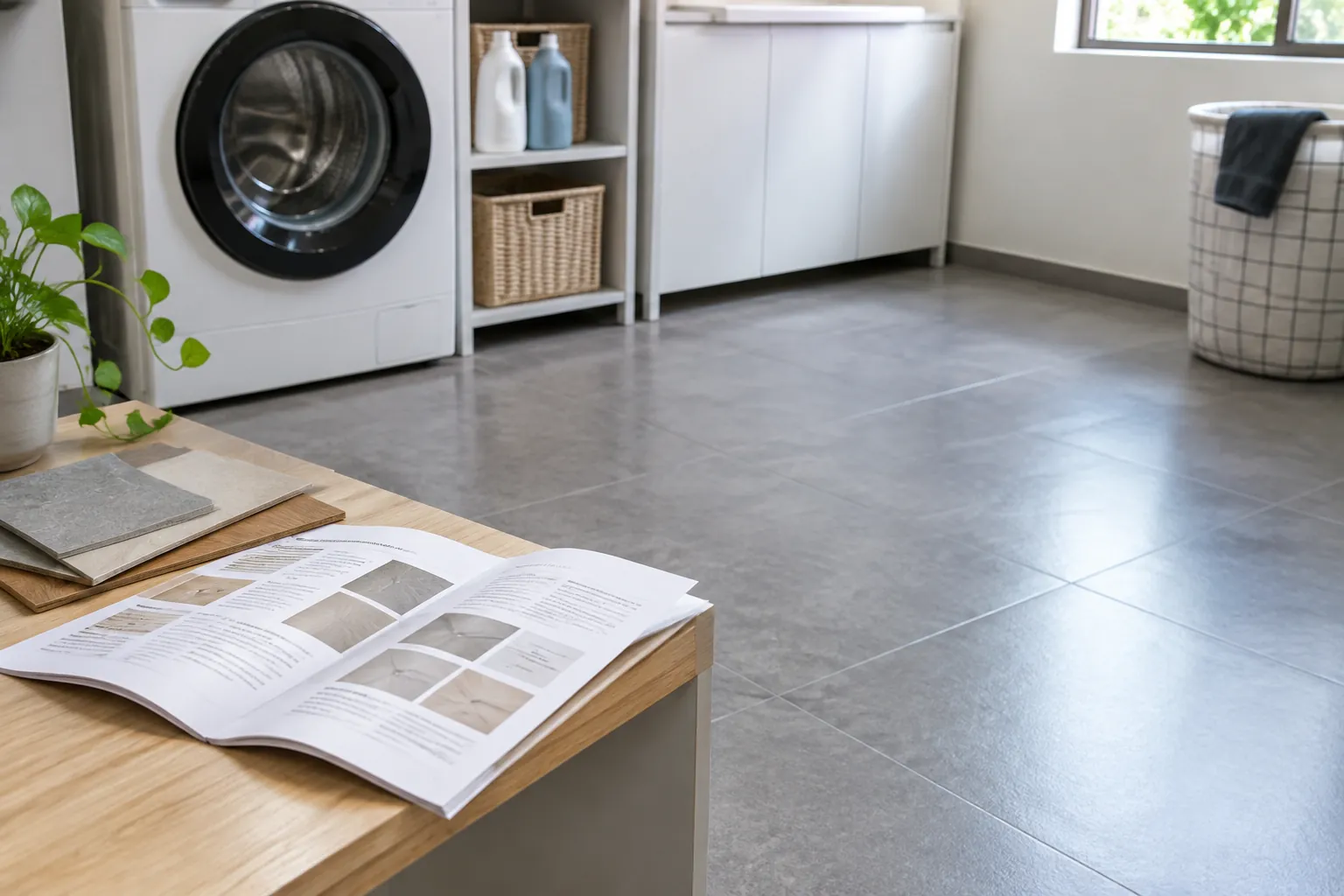 Contoh keramik laundry dan panduan bahan di meja