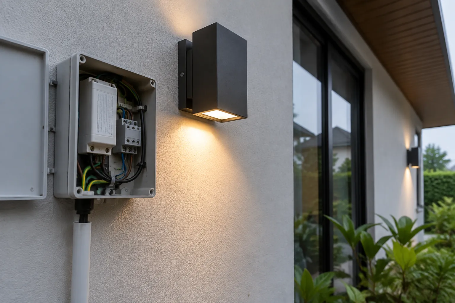Kotak listrik terbuka di samping lampu fasad