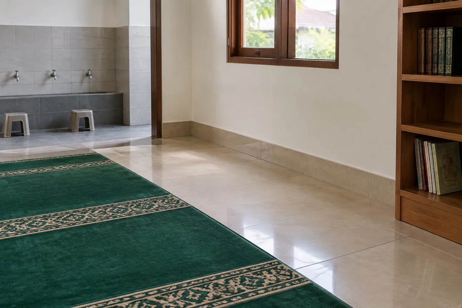 Lantai musala berkarpet berbatasan dengan lantai area wudu