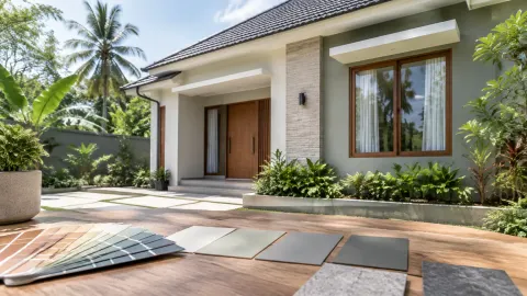 Rumah satu lantai dengan warna dinding luar terang dan sampel cat di depan