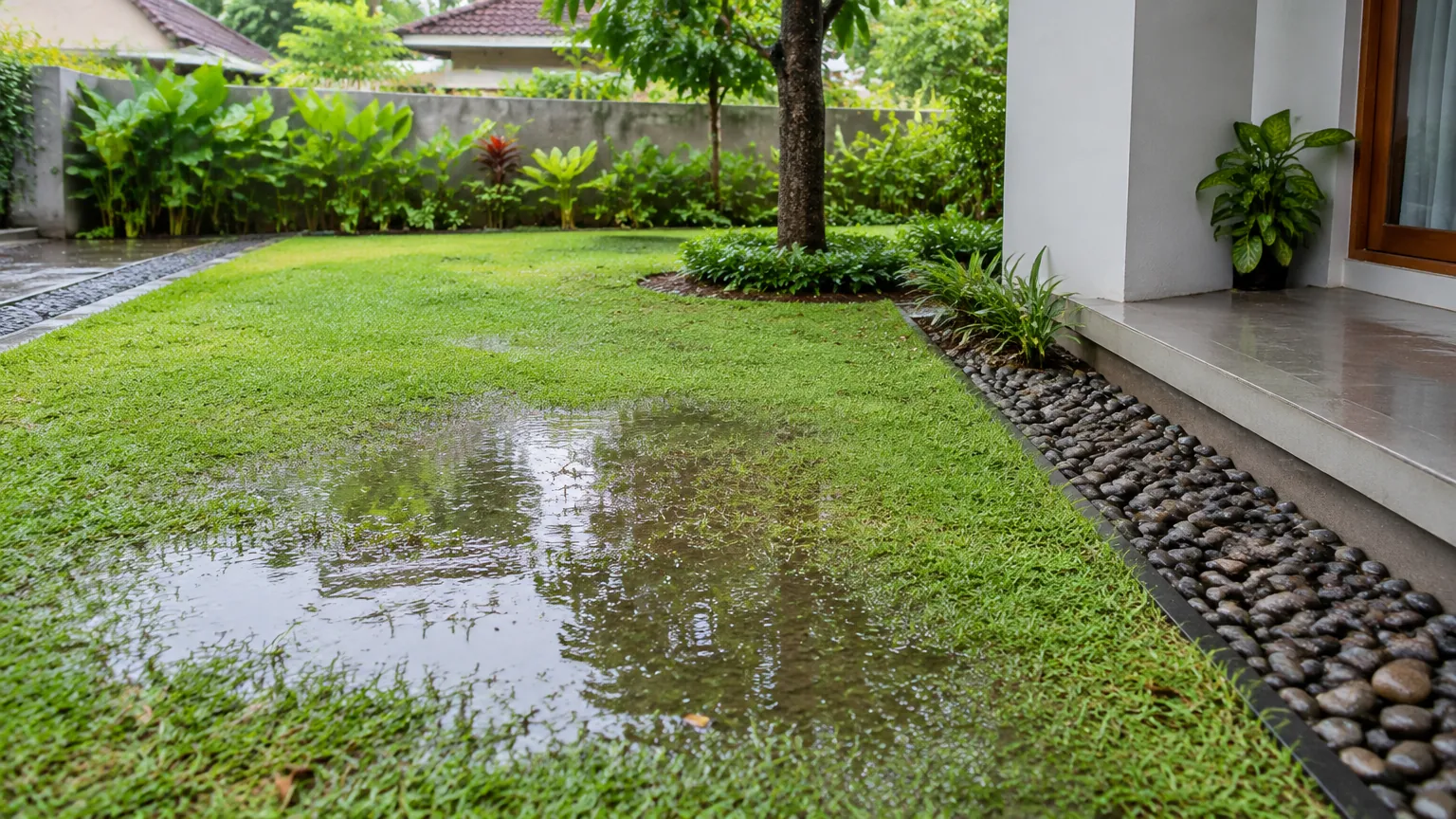Air menggenang pada rumput di halaman rumah