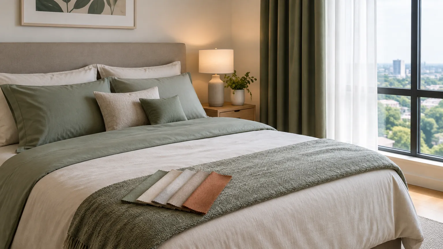 Kamar tidur dengan tekstil hijau lembut dan warna netral