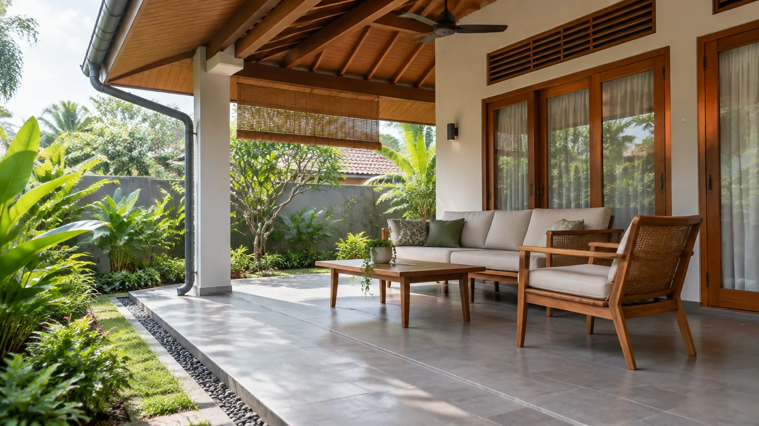 Teras beratap dengan sofa dan kursi menghadap taman tropis