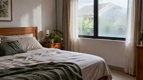 Jendela kamar tidur berembun di samping tempat tidur
