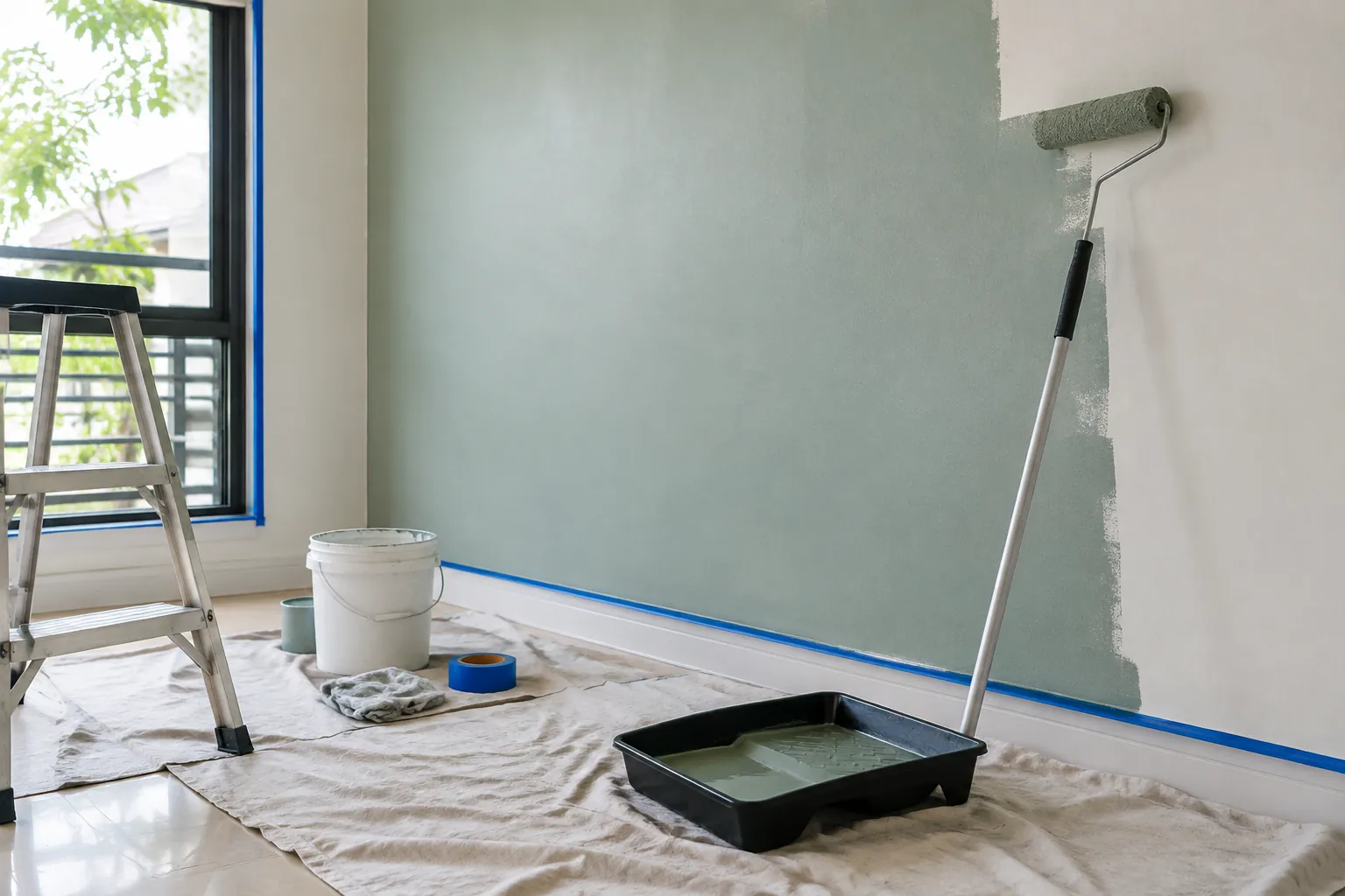 Dinding dalam rumah sedang dicat dengan rol dan perlengkapan kerja di lantai