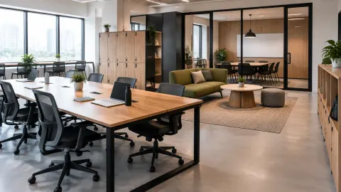 Area coworking dengan meja bersama dan ruang rapat