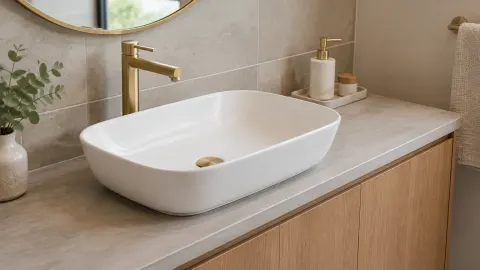 Wastafel putih di atas kabinet kamar mandi