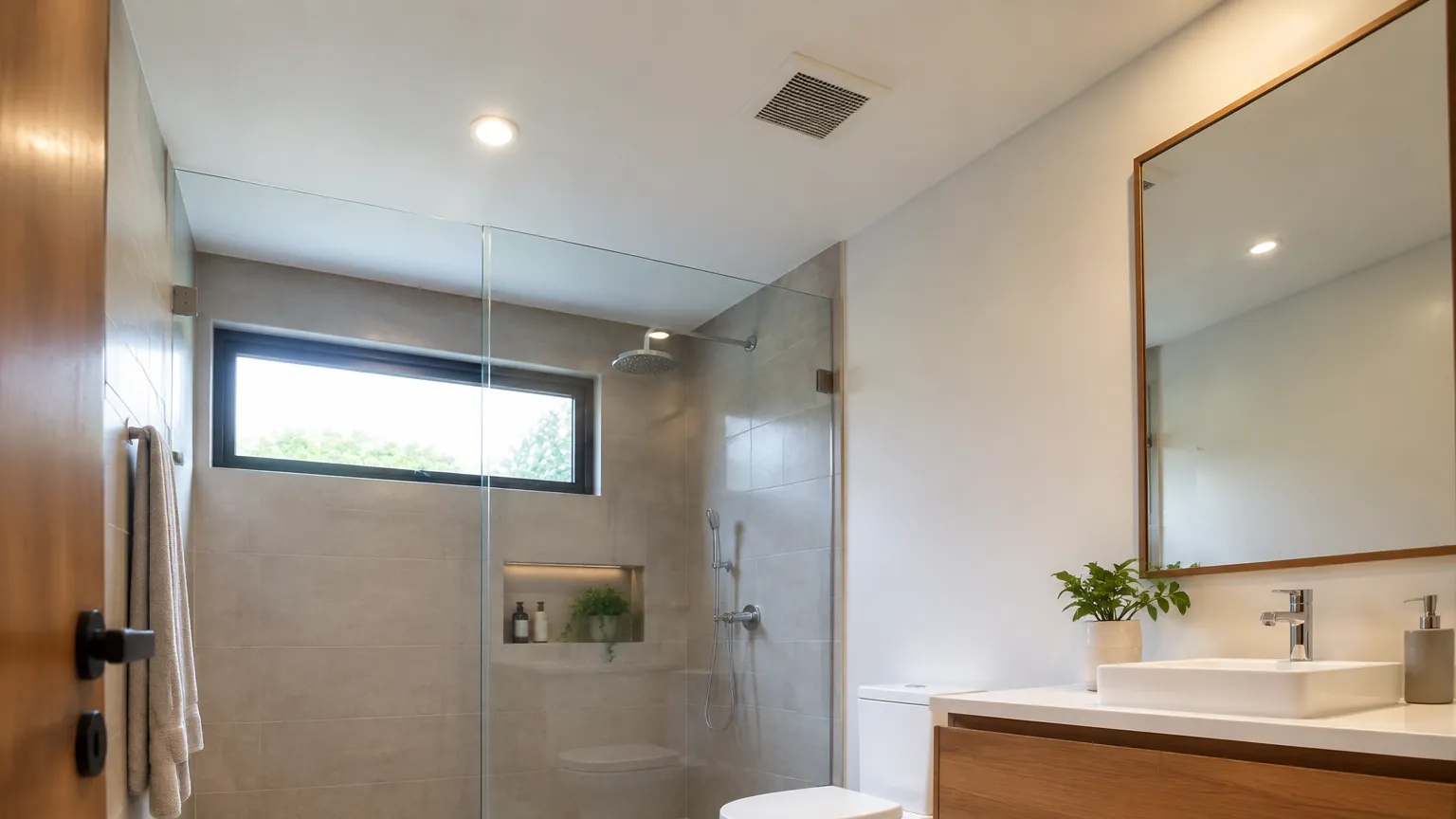 Plafon kamar mandi dengan lampu dan bukaan udara