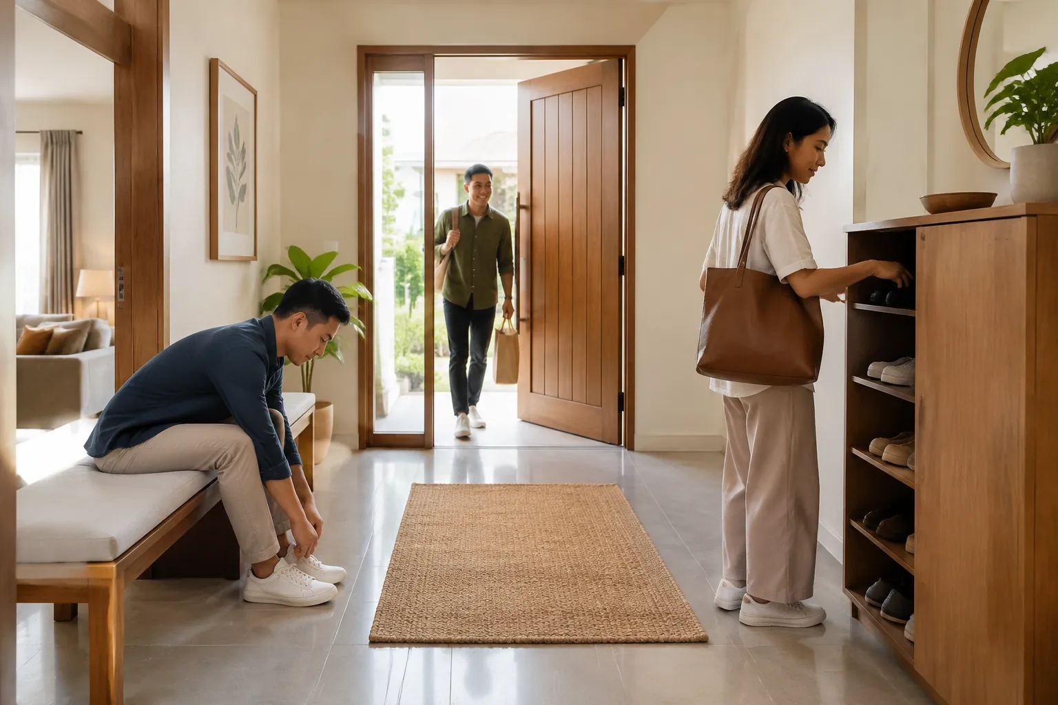 Beberapa penghuni melepas dan menata barang di foyer