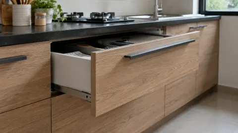 Laci kabinet dapur yang terbuka di dekat kompor