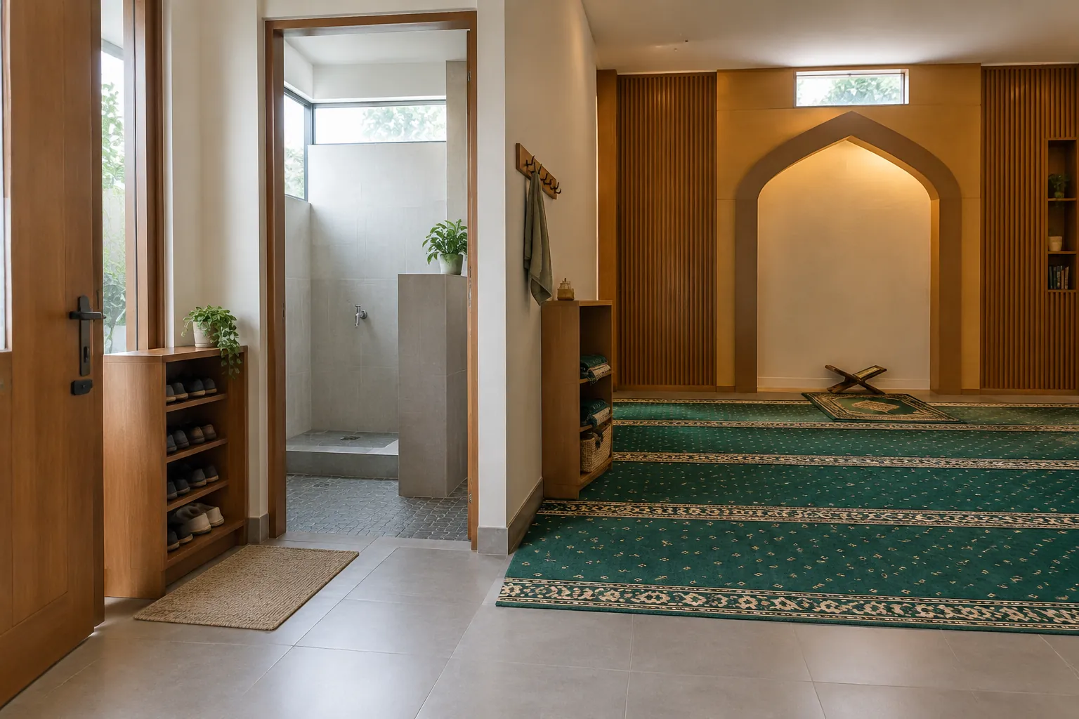 Area wudu dan rak penyimpanan berada dekat pintu ruang salat