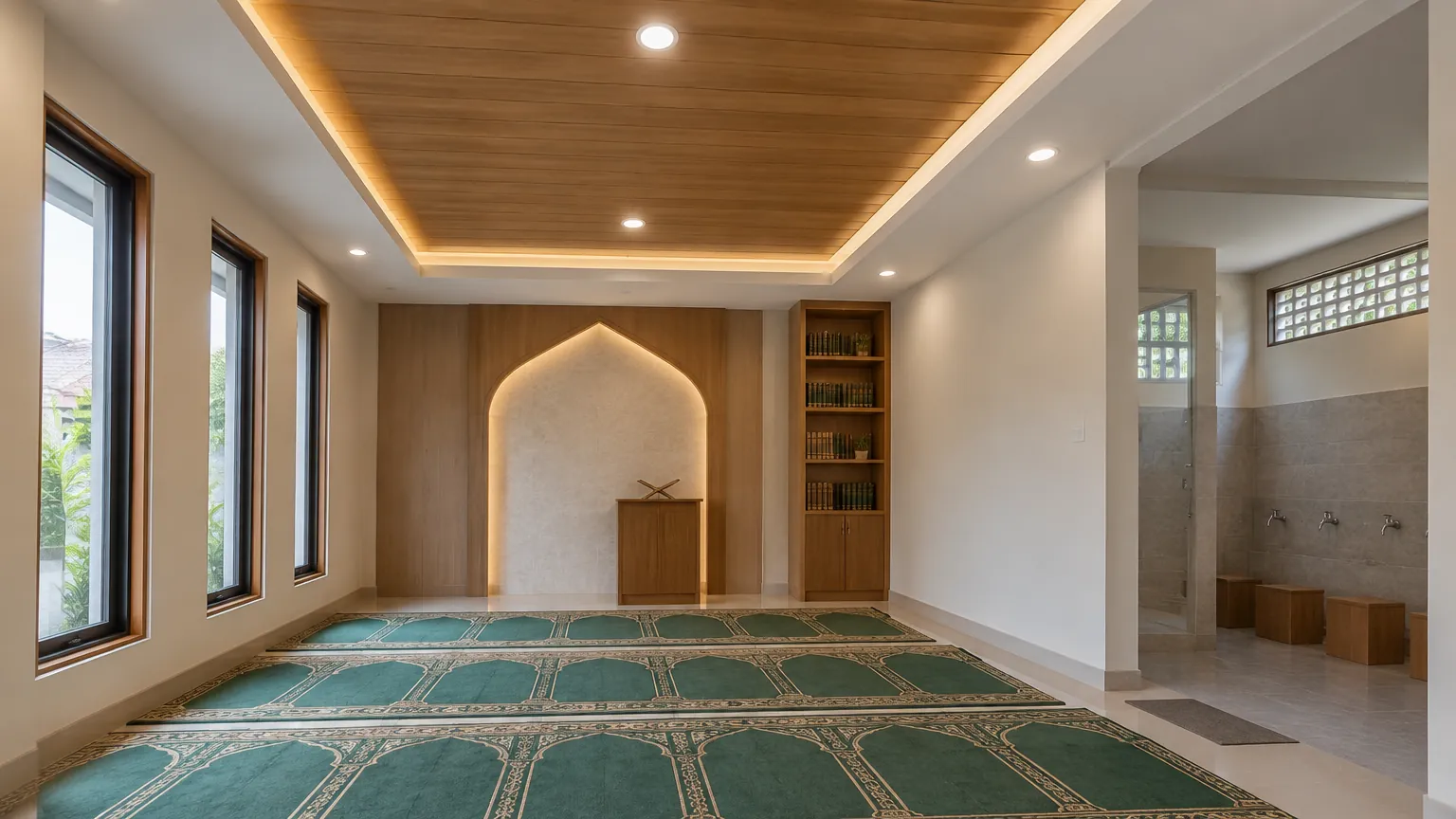 Mushola dengan plafon kayu dan lampu tepi