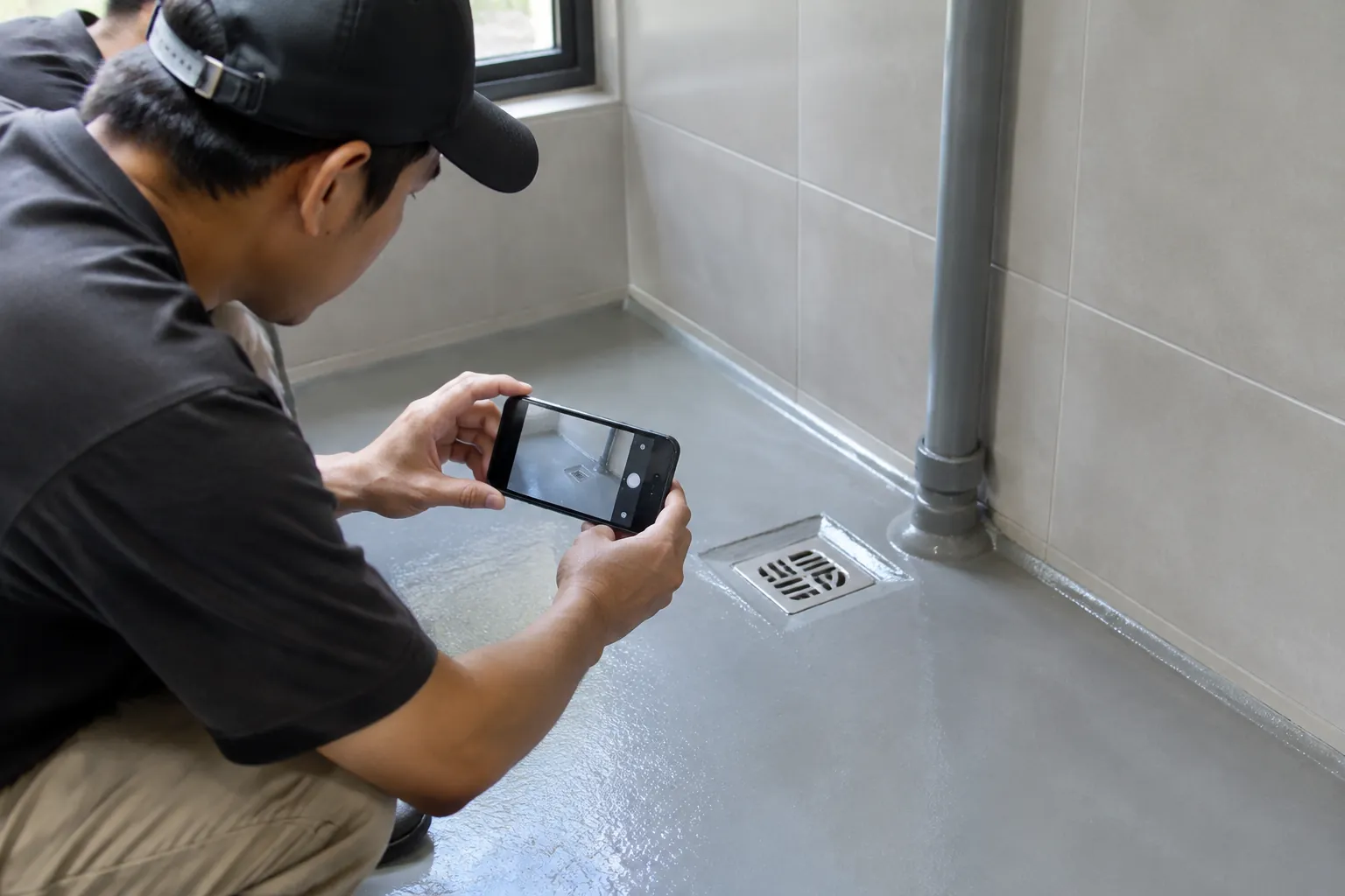 Memotret lantai shower.
