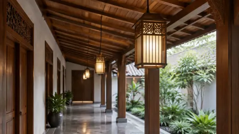 Lorong rumah tradisional dengan tiang kayu dan lampu gantung