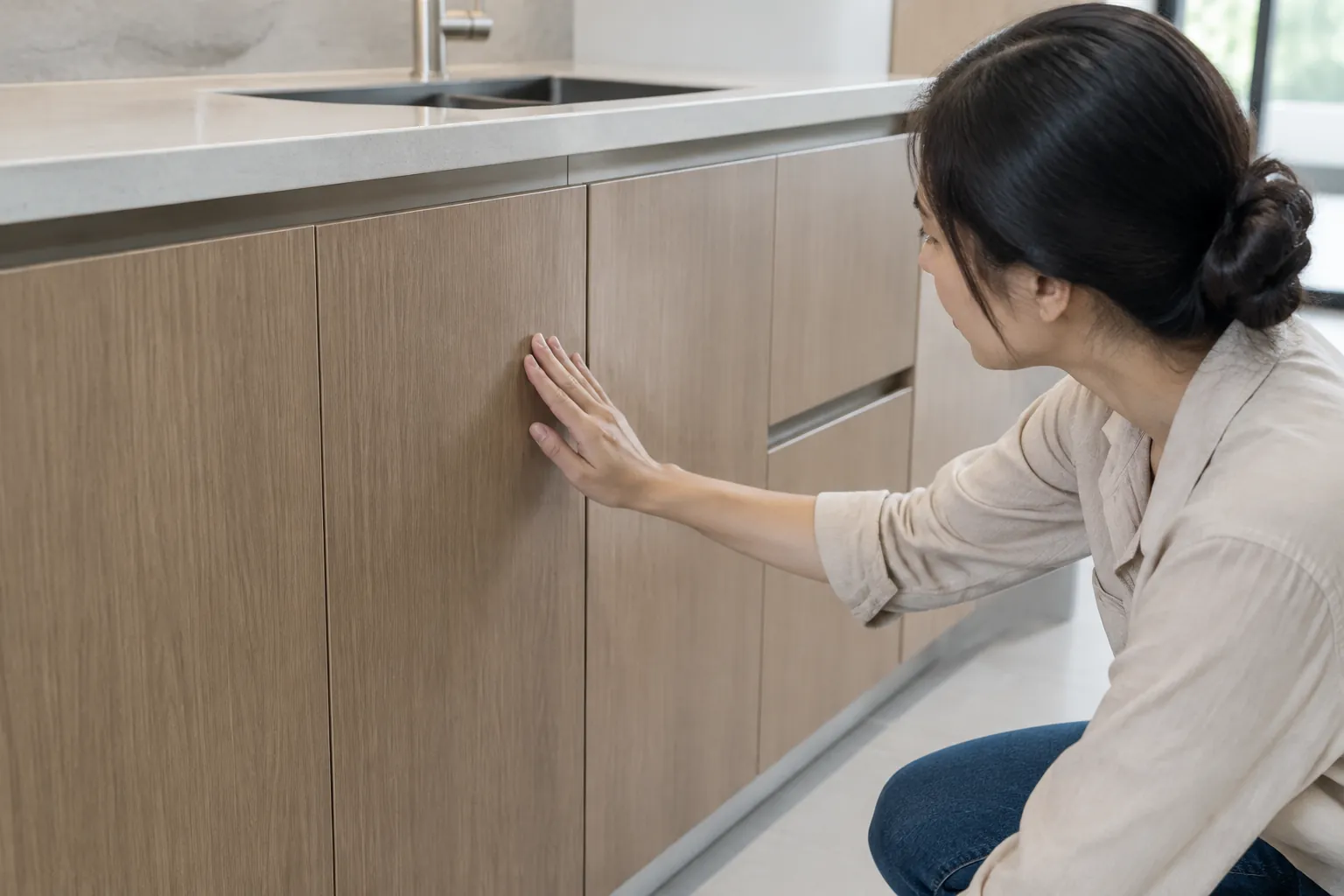 Seseorang memeriksa permukaan panel pelapis interior