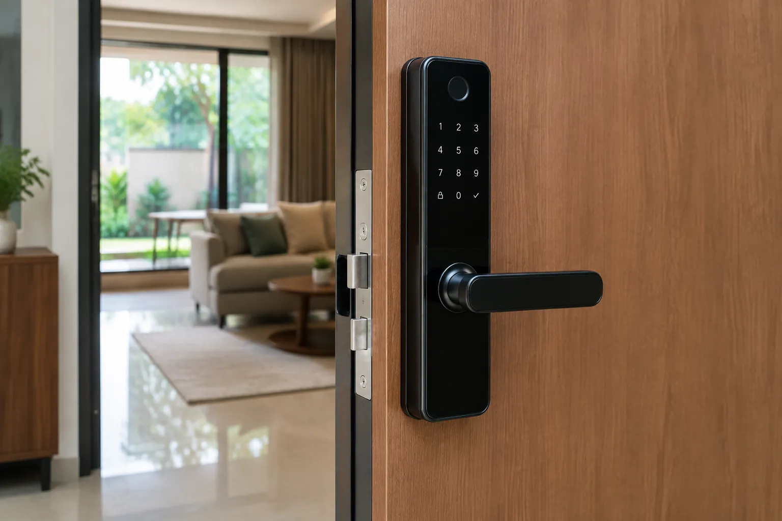 Kunci digital berpanel angka terpasang pada pintu kayu