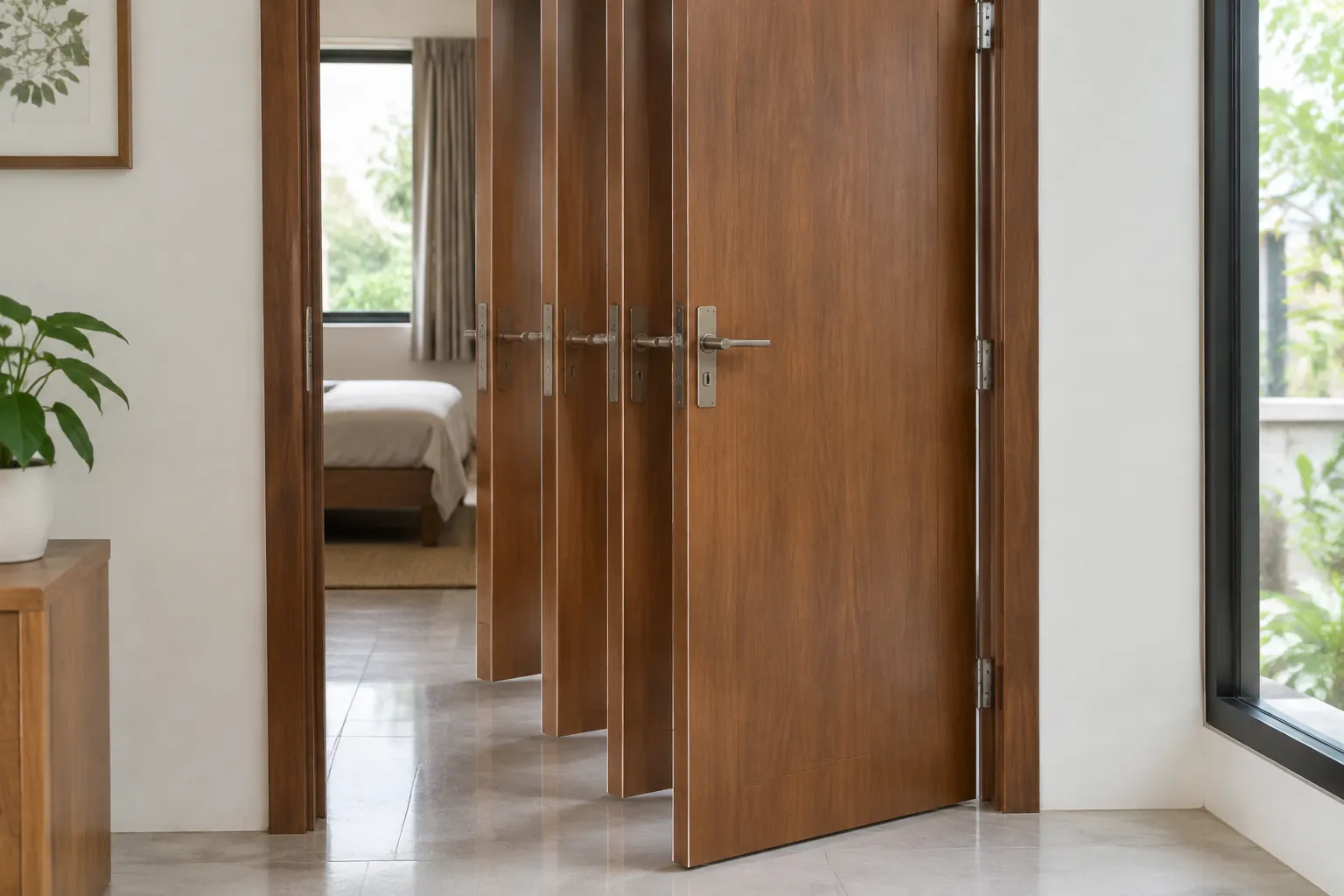 Sepasang pintu kayu terbuka ke ruang tidur