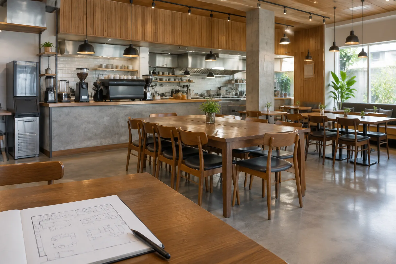 Area makan kafe dengan dinding dan plafon kayu