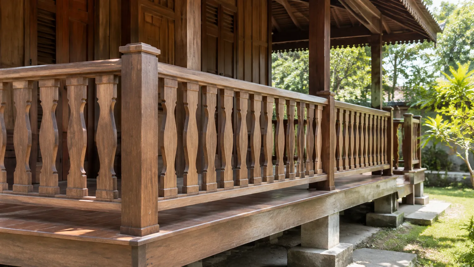 Railing kayu berukir sederhana pada teras rumah tradisional