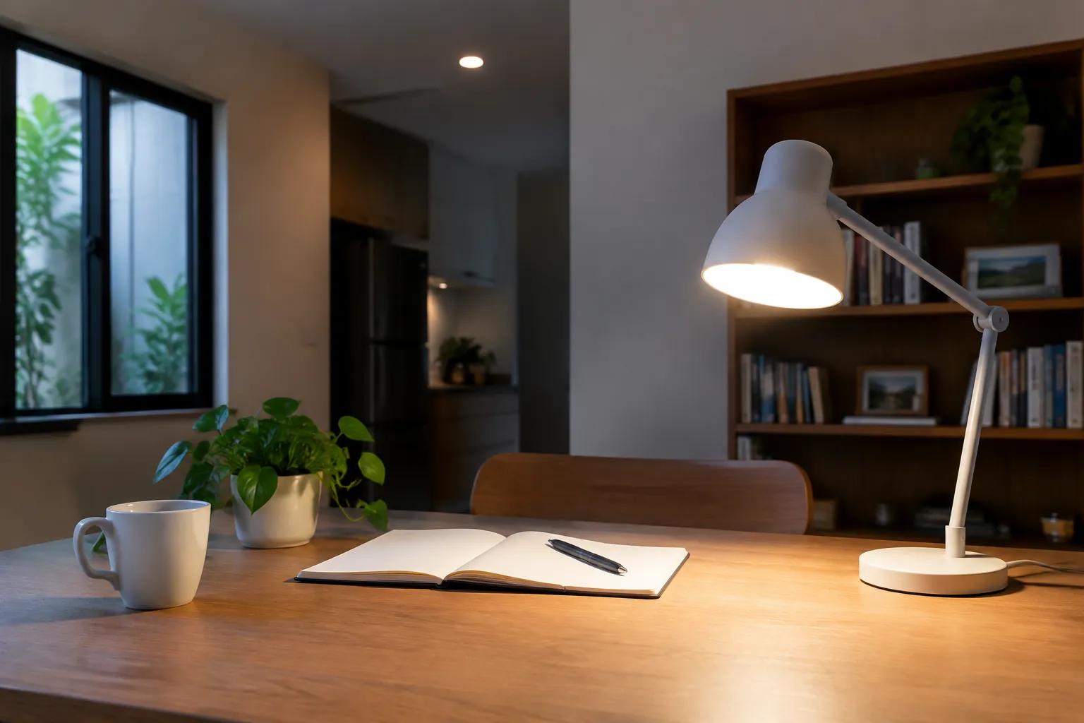 Lampu meja menerangi buku di sudut rumah