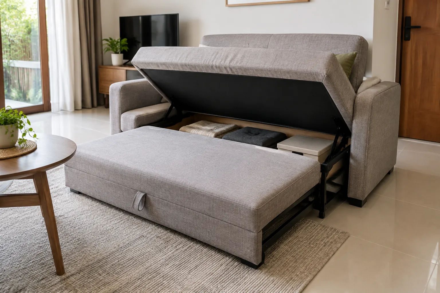 Sofa berubah menjadi tempat tidur di ruang tamu