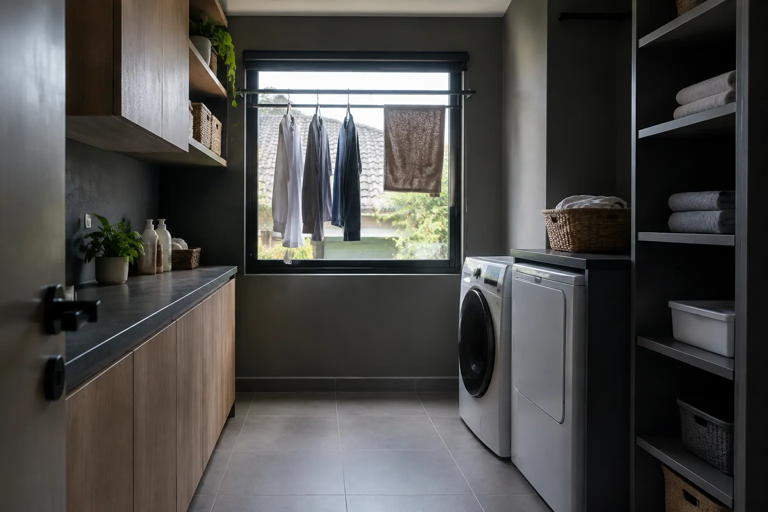Ruang laundry gelap dengan jemuran di depan jendela
