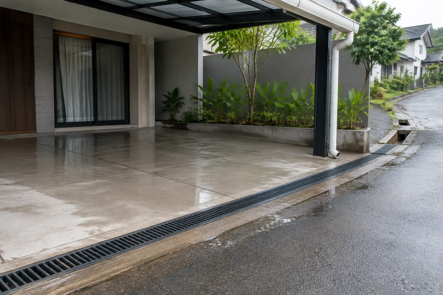 Carport beratap dengan saluran air memanjang di tepinya