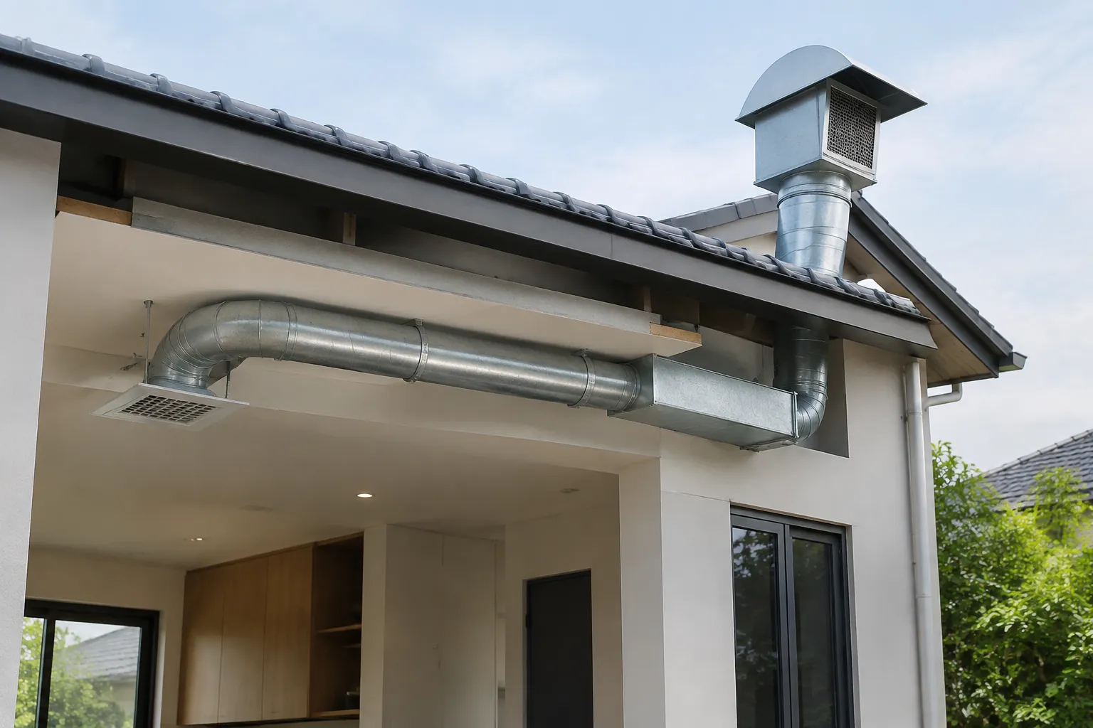 Saluran ventilasi berpenutup keluar dekat atap rumah