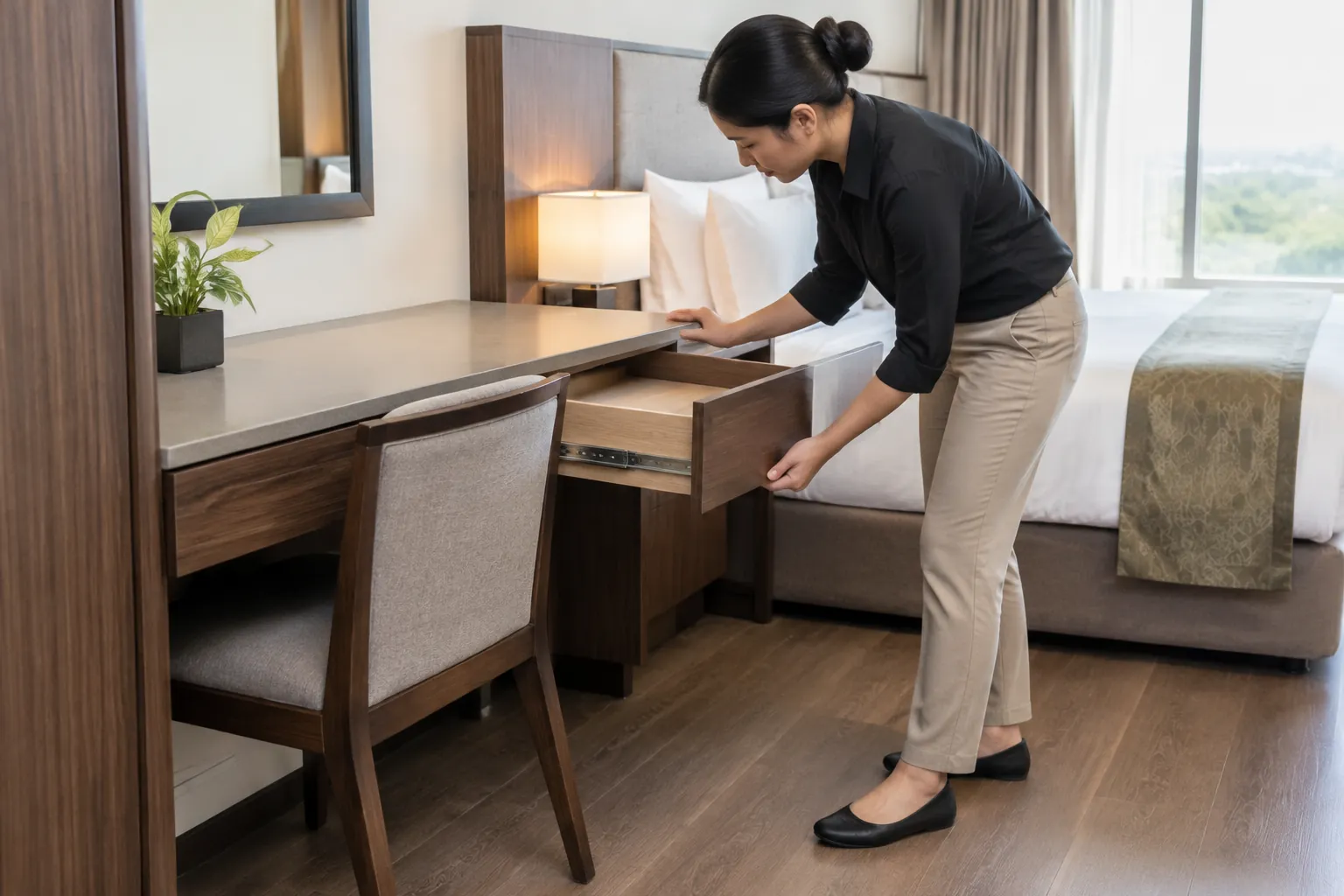 Petugas memeriksa laci meja kamar penginapan