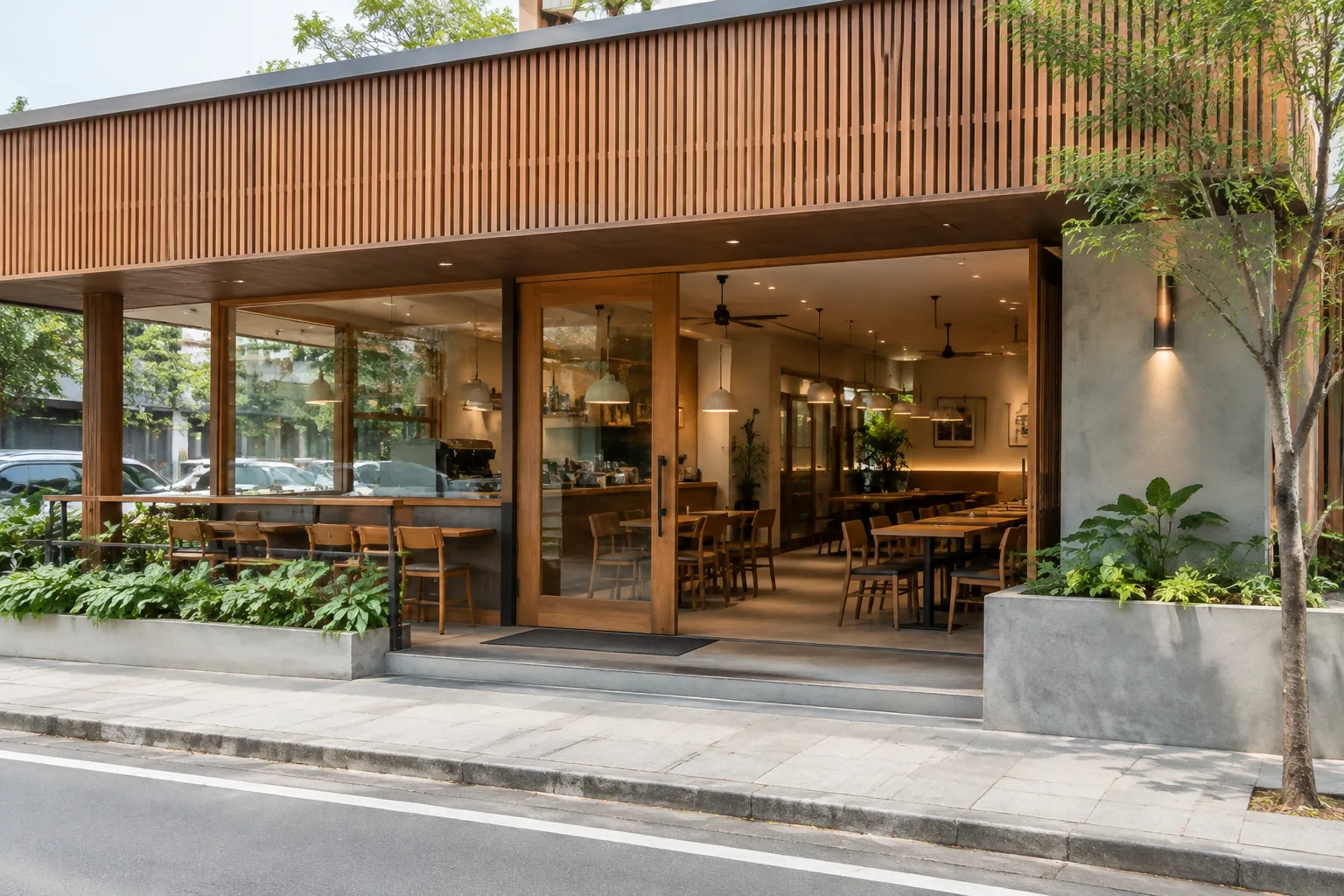 Fasad kafe dengan panel kayu dan dinding kaca