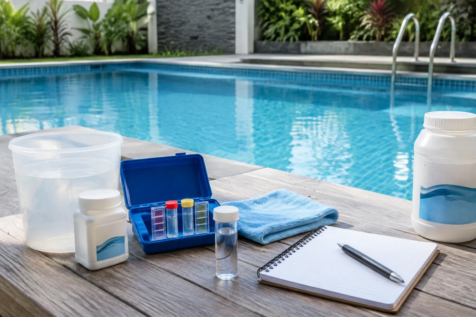 Perlengkapan uji air dan catatan berada di meja dekat kolam