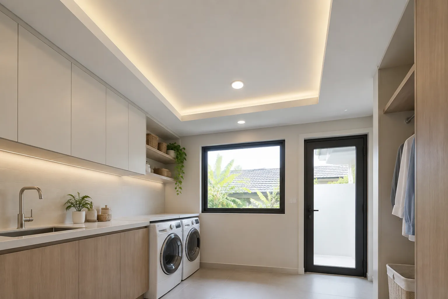 Ruang cuci dengan lampu tepi plafon dan mesin cuci