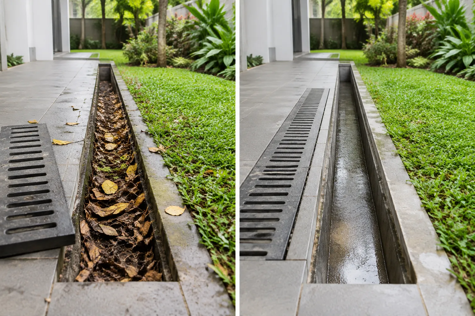 Saluran drainase ditunjukkan sebelum dan sesudah pembersihan daun