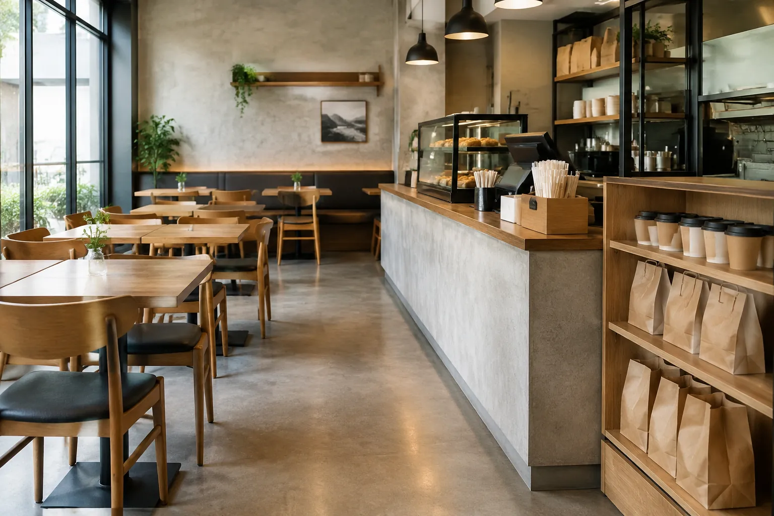 Area layanan kafe dengan meja pelanggan dan kemasan pesanan