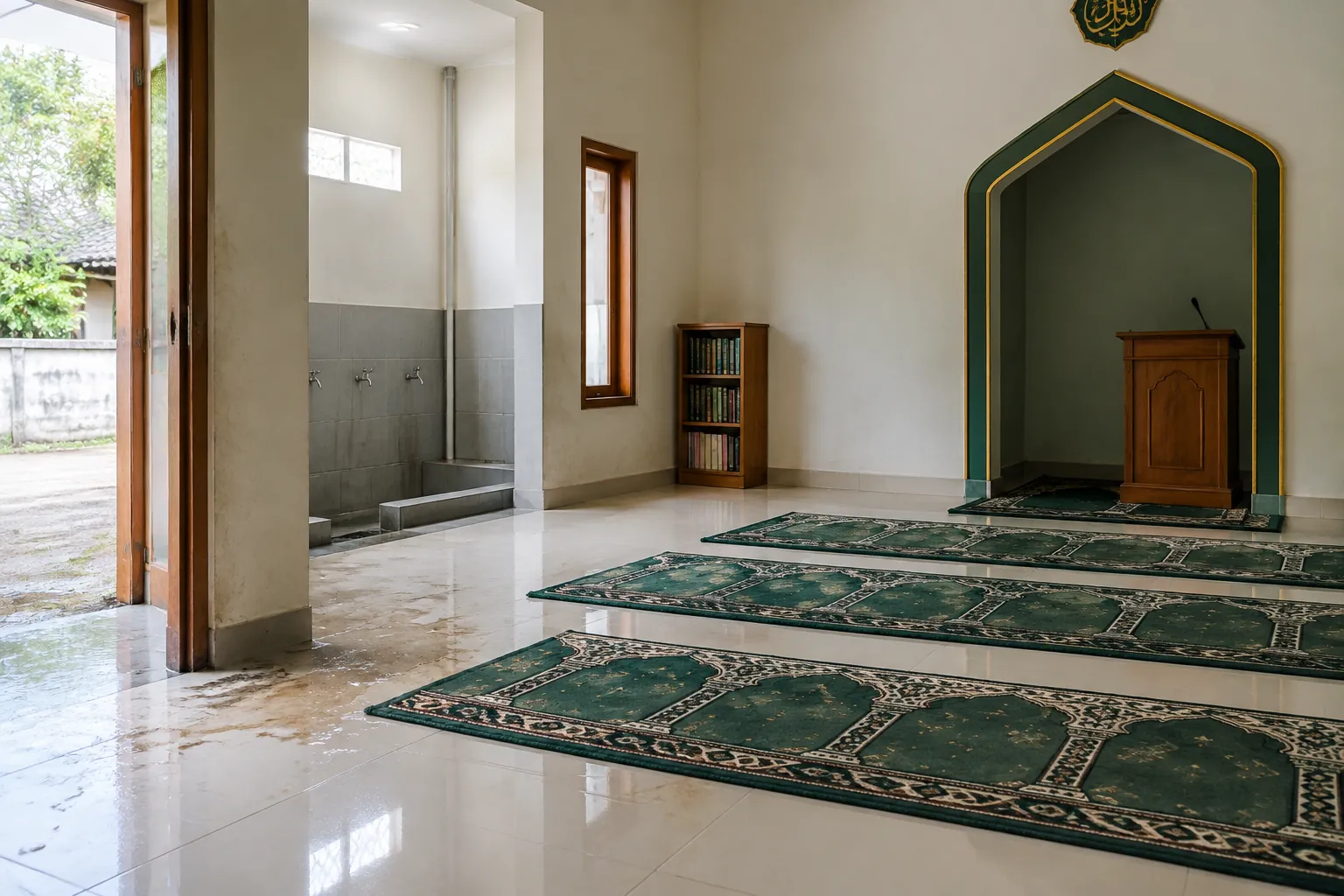 Lantai mengilap di dekat area wudu.