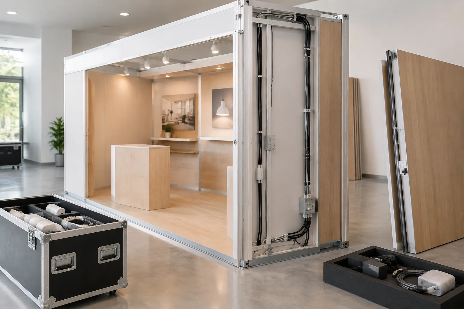 Booth modular dibuka sehingga kabel dan panel finishing terlihat saat pembongkaran