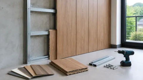 Panel pelapis kayu dan rangka dinding sebelum pemasangan