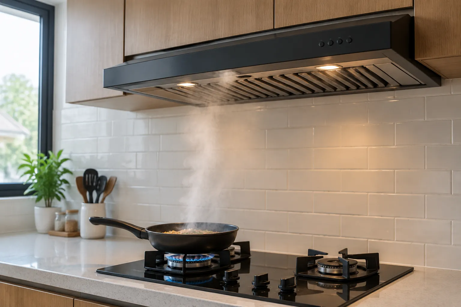 Pengisap asap dan kompor di dapur berjendela