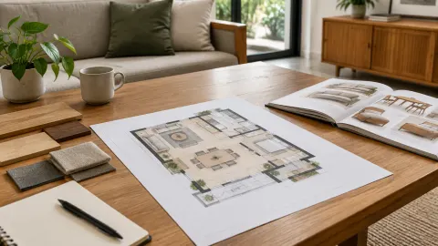 Rencana rumah dan sampel furnitur tersusun di meja