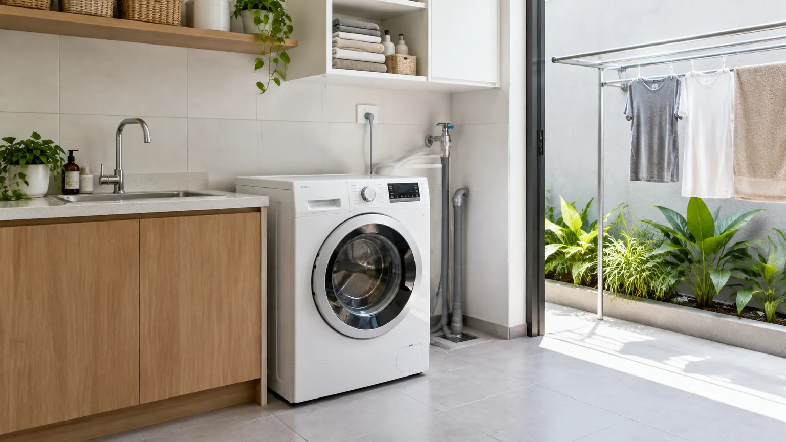 Ruang laundry dengan mesin cuci, bak cuci, dan bukaan luar
