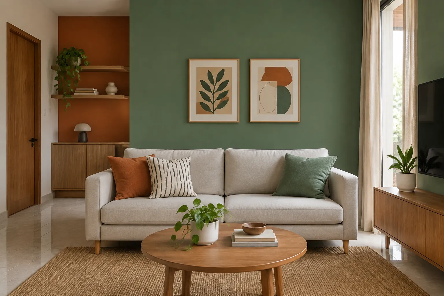 Sofa krem di depan dinding hijau dengan aksen oranye