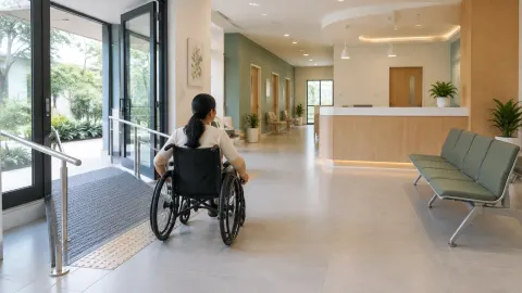 Pengguna kursi roda memasuki klinik melalui jalur landai