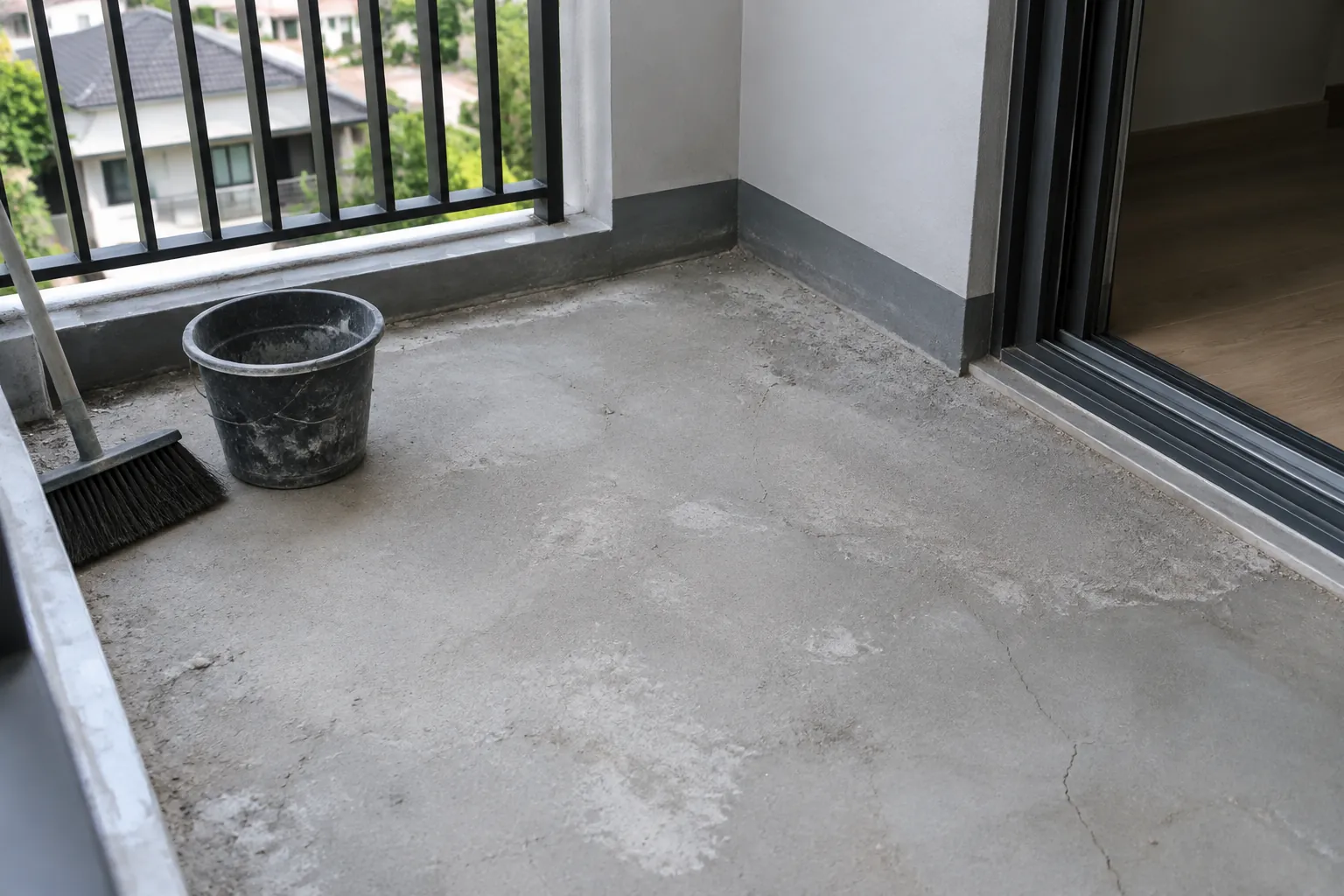 Lantai balkon belum selesai dengan ember dan alat pekerjaan