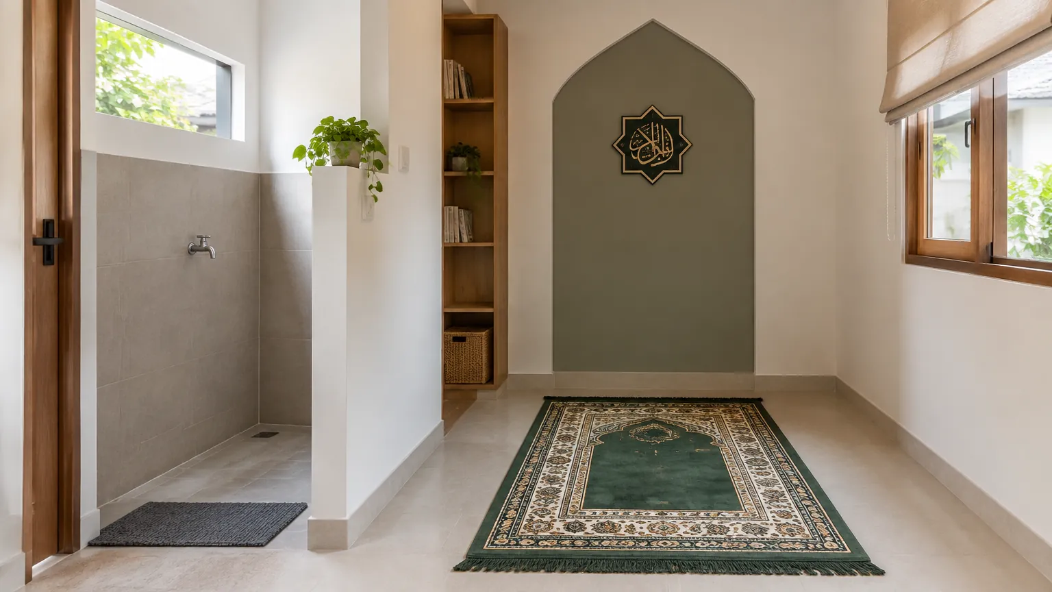 Musala kecil dengan karpet salat dan relung dinding