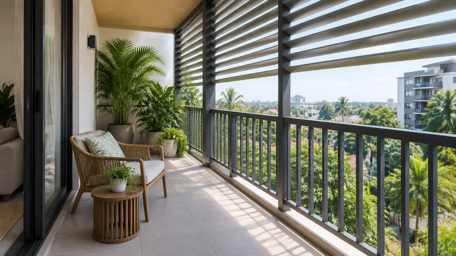 Balkon dengan kursi di belakang kisi peneduh