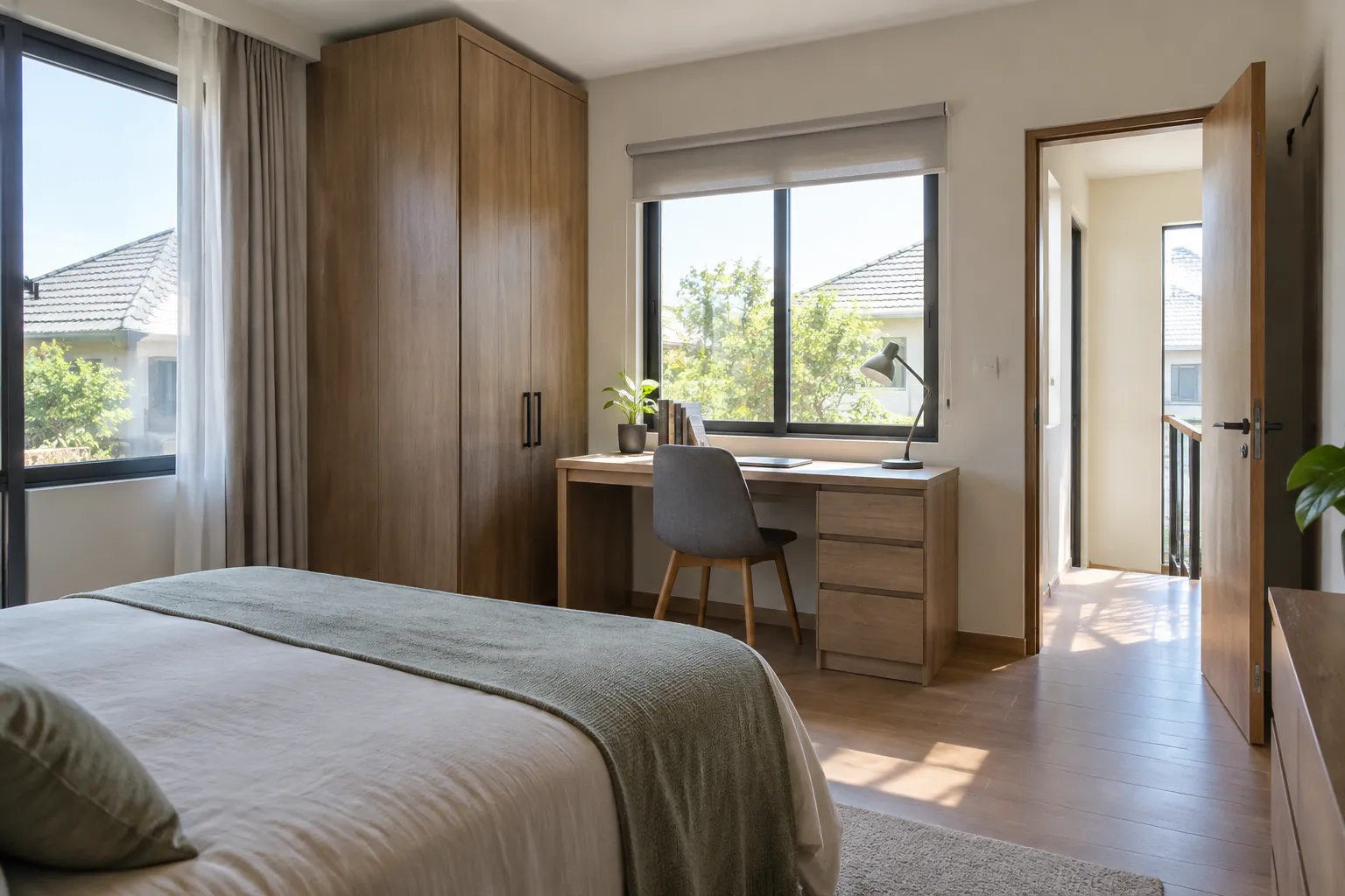 Tempat tidur dan meja kerja ditempatkan di dekat jendela dan pintu kamar