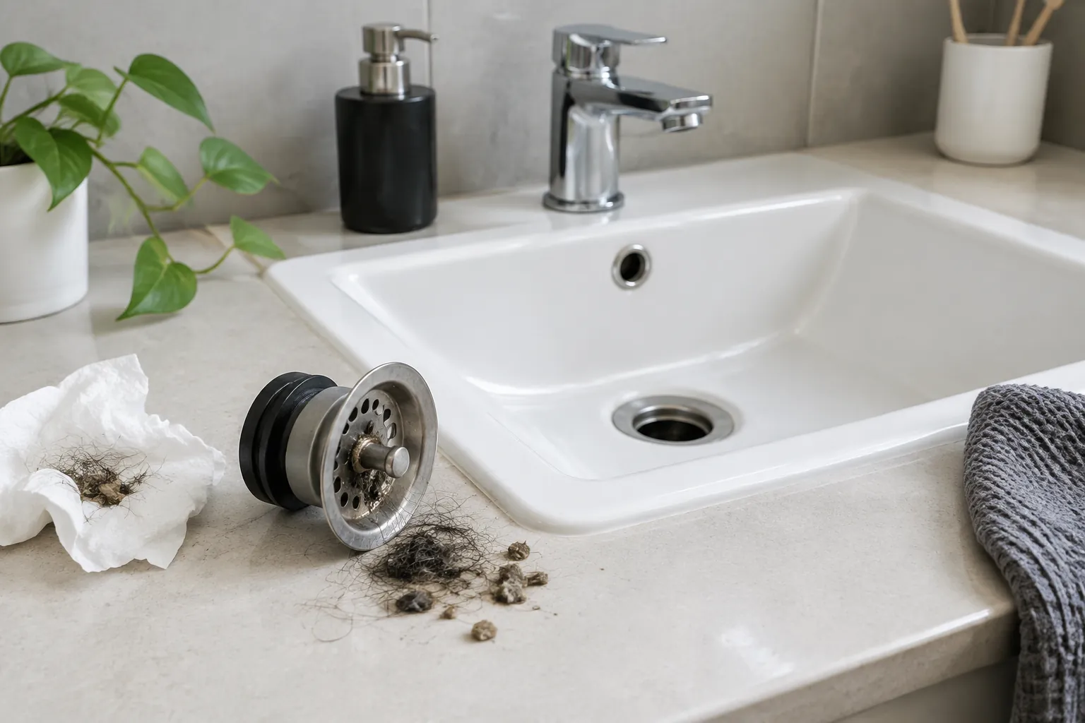 Rambut dan kotoran terkumpul pada saringan drain wastafel yang dilepas